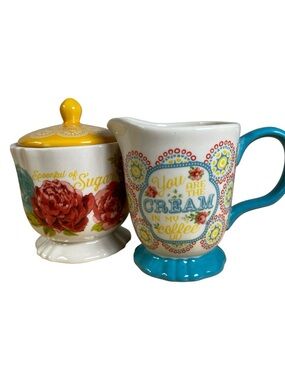 Pioneer Woman Blossom Jubilee Creamer Sugar Pot and Lid Set Floral Stoneware